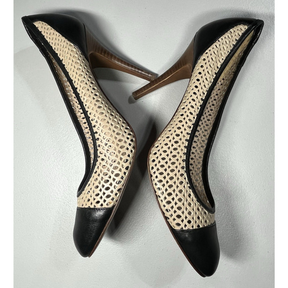 J Crew Leather Heels Womens 10 Perforated Cut Out Beige Black Stiletto Cap Toe - Picture 8 of 12
